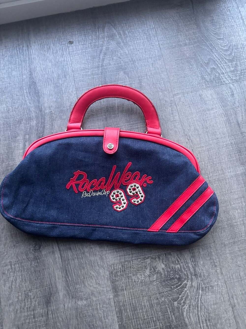 Rocawear Y2K Denim hand Bag Purse with Red Faux Leather Trim and Logo Detail
